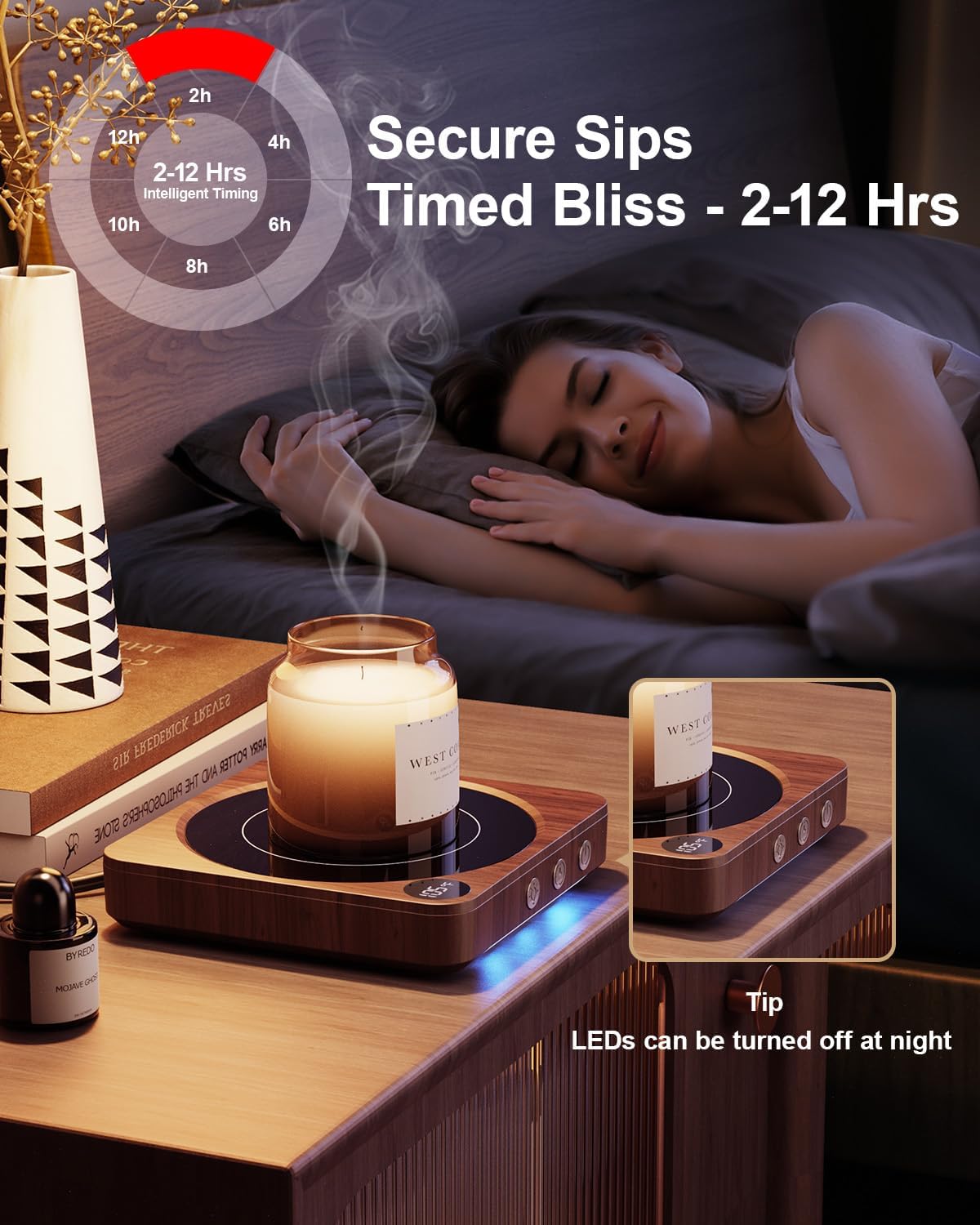 Coffee Mug Warmer for Desk, Candle Warmer Plate, 12H Timer, Wood | Fast Heating to 176°F, LED Display, Color-Coded Lights, Temperature Memory, 5.2-Inch Plate; Coffee Gifts