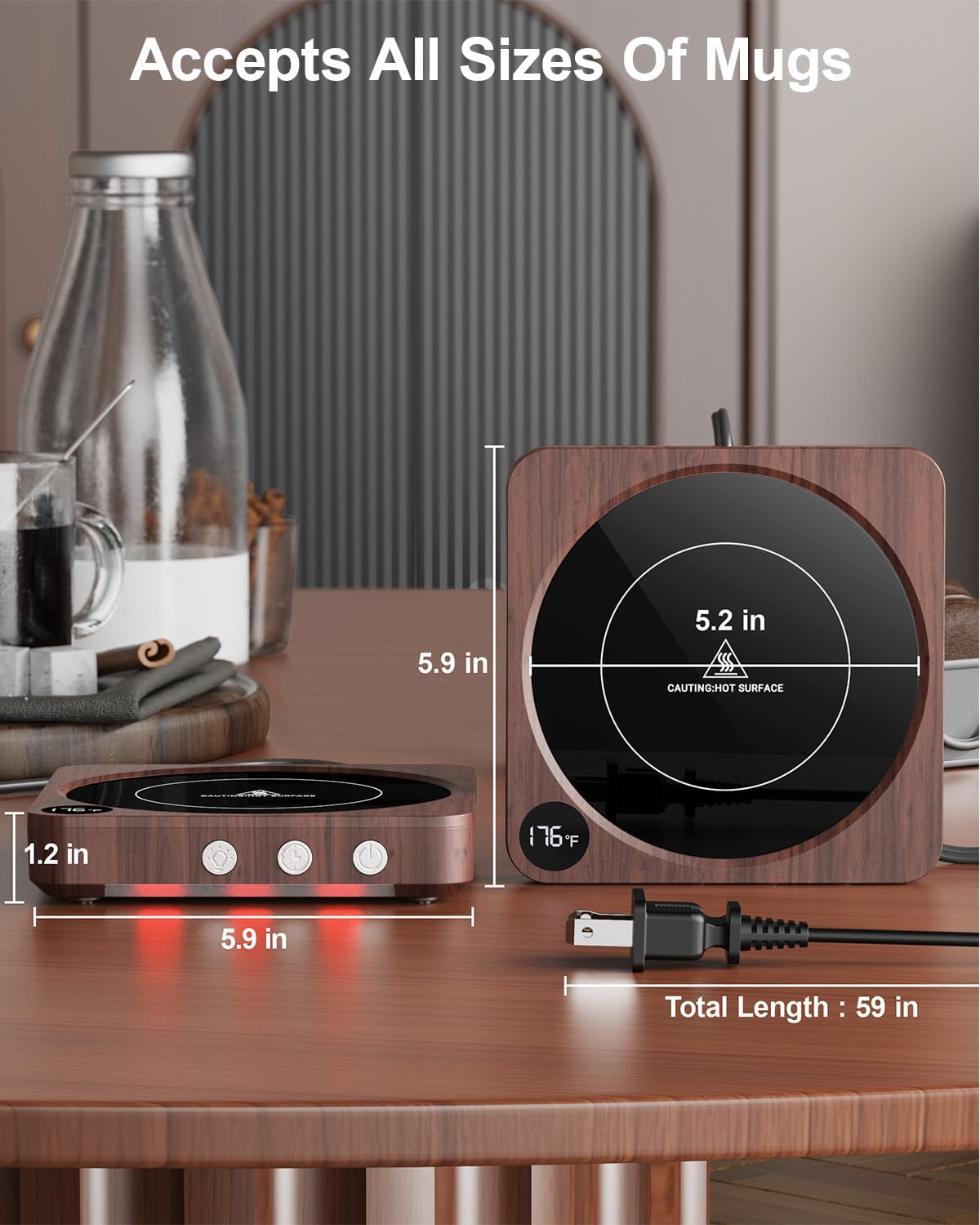 Coffee Mug Warmer for Desk, Candle Warmer Plate, 12H Timer, Wood | Fast Heating to 176°F, LED Display, Color-Coded Lights, Temperature Memory, 5.2-Inch Plate; Coffee Gifts
