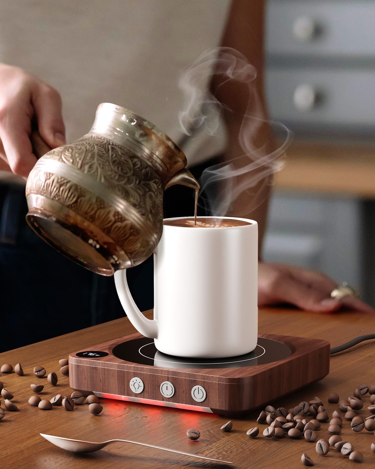 Coffee Mug Warmer for Desk, Candle Warmer Plate, 12H Timer, Wood | Fast Heating to 176°F, LED Display, Color-Coded Lights, Temperature Memory, 5.2-Inch Plate; Coffee Gifts