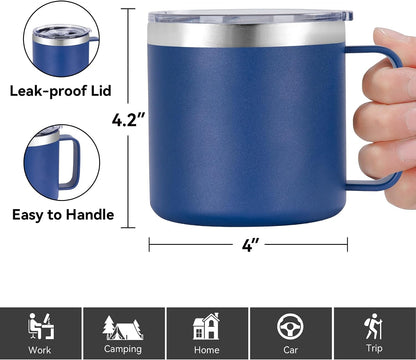 14 oz Insulated Coffee Mug with Handle, Stainless Steel Travel Coffee Mug with Lid, Double Wall Vacuum Metal Coffee Cup, Coffee Tumbler Powder Coated, White 1 Pack