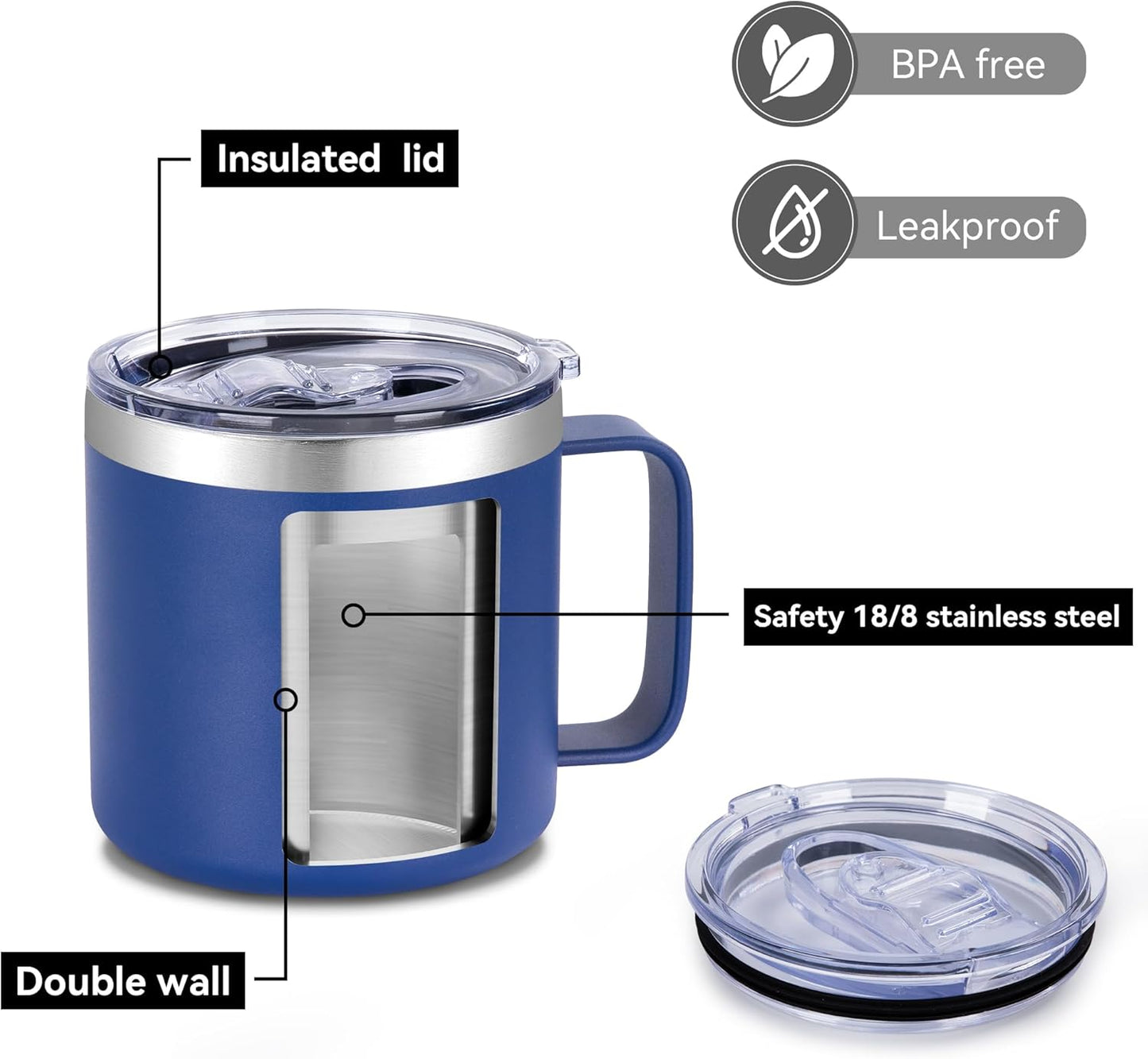 14 oz Insulated Coffee Mug with Handle, Stainless Steel Travel Coffee Mug with Lid, Double Wall Vacuum Metal Coffee Cup, Coffee Tumbler Powder Coated, White 1 Pack