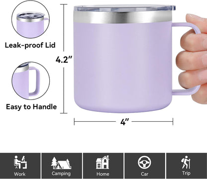 14 oz Insulated Coffee Mug with Handle, Stainless Steel Travel Coffee Mug with Lid, Double Wall Vacuum Metal Coffee Cup, Coffee Tumbler Powder Coated, White 1 Pack