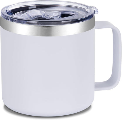 14 oz Insulated Coffee Mug with Handle, Stainless Steel Travel Coffee Mug with Lid, Double Wall Vacuum Metal Coffee Cup, Coffee Tumbler Powder Coated, White 1 Pack