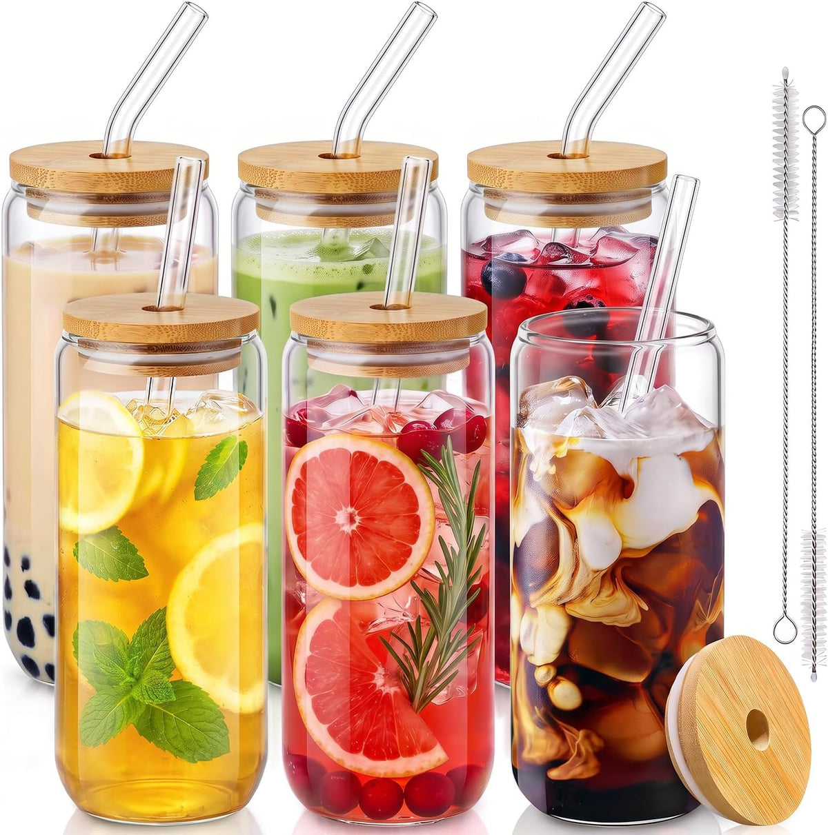 20 Oz Drinking Glasses - 6 Pcs Glass Cups with Bamboo Lids and Straws