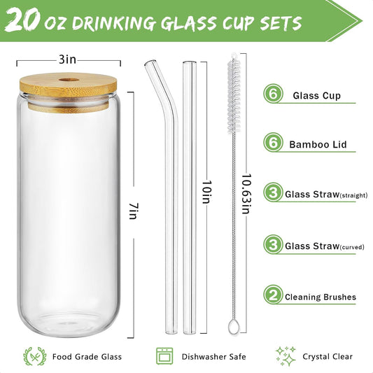 20 Oz Drinking Glasses - 6 Pcs Glass Cups with Bamboo Lids and Straws