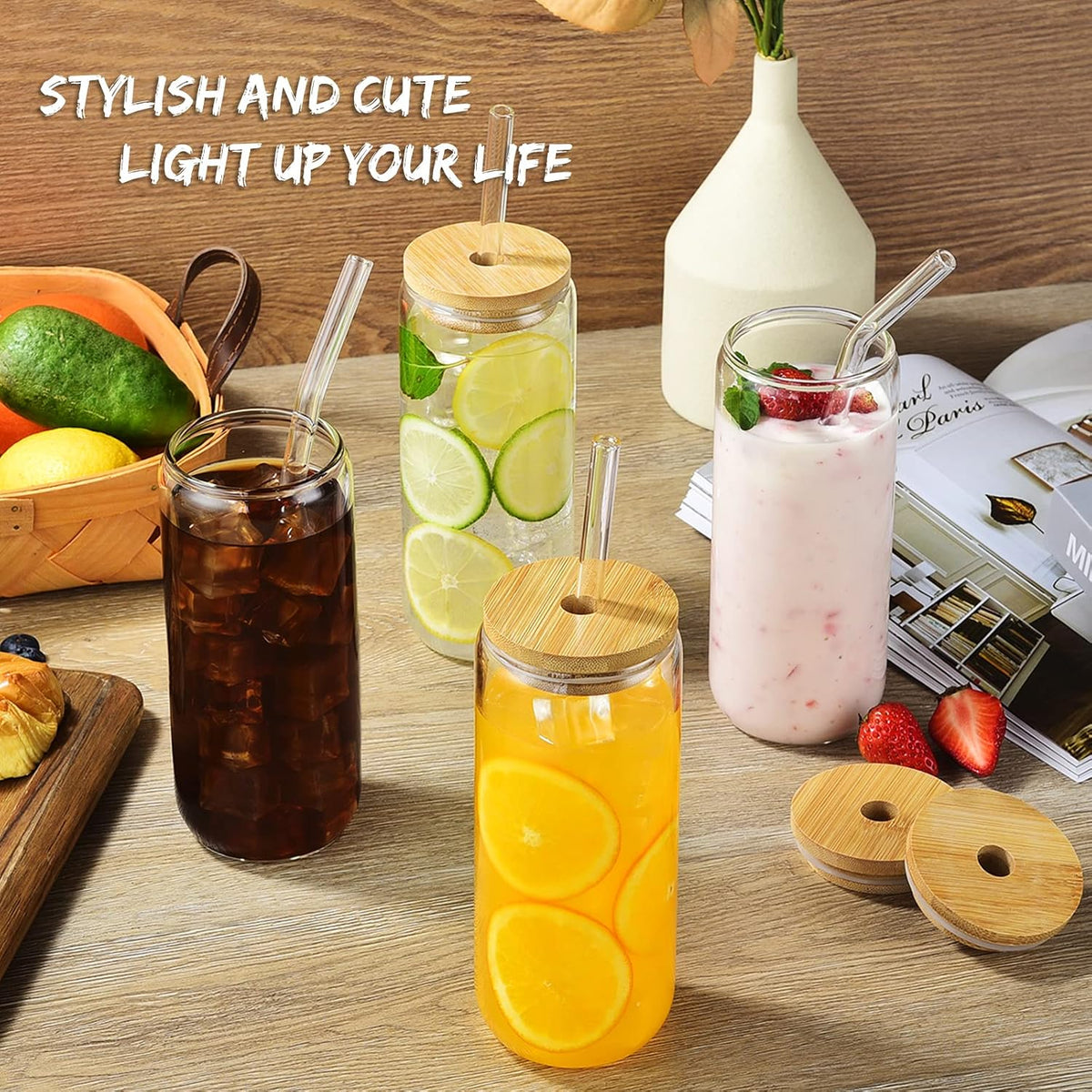 20 Oz Drinking Glasses - 6 Pcs Glass Cups with Bamboo Lids and Straws