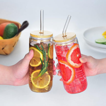 20 Oz Drinking Glasses - 6 Pcs Glass Cups with Bamboo Lids and Straws