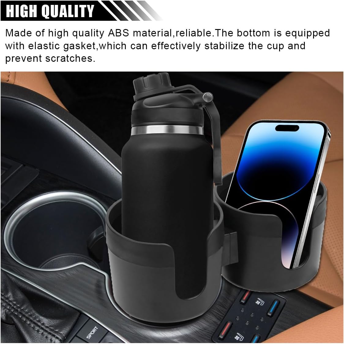 Car Double Cup Holder Extender, 2-in-1 Car Cup Holder Adapter with Adjustable Base, Universal Multifunctional Cup Holder Organizer for Beverage, Snack, Cup, Bottle Storage (Black)