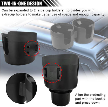 Car Double Cup Holder Extender, 2-in-1 Car Cup Holder Adapter with Adjustable Base, Universal Multifunctional Cup Holder Organizer for Beverage, Snack, Cup, Bottle Storage (Black)