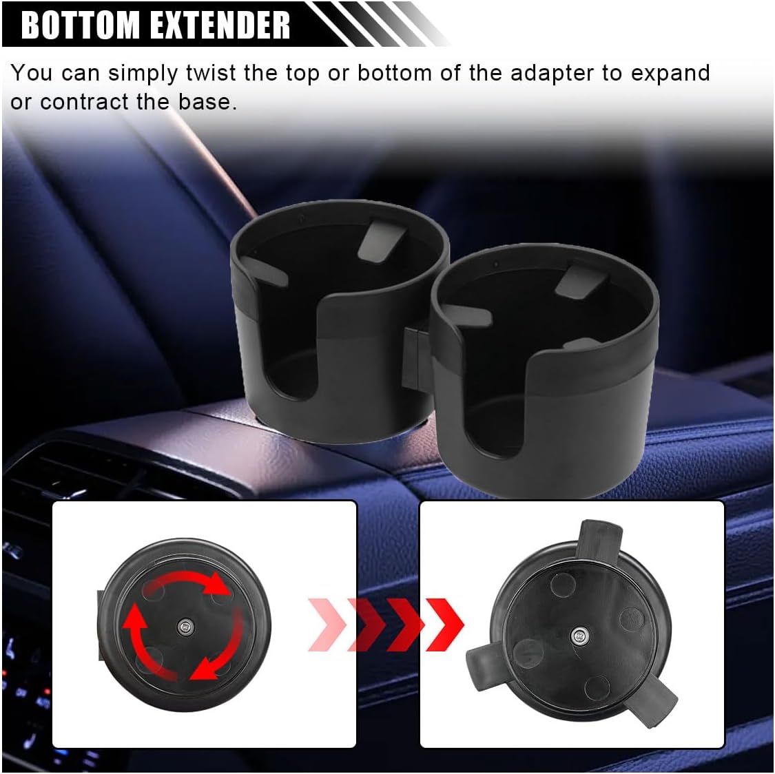 Car Double Cup Holder Extender, 2-in-1 Car Cup Holder Adapter with Adjustable Base, Universal Multifunctional Cup Holder Organizer for Beverage, Snack, Cup, Bottle Storage (Black)