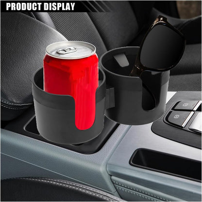 Car Double Cup Holder Extender, 2-in-1 Car Cup Holder Adapter with Adjustable Base, Universal Multifunctional Cup Holder Organizer for Beverage, Snack, Cup, Bottle Storage (Black)