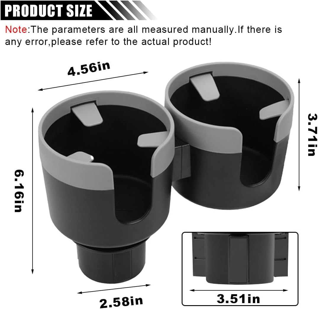 Car Double Cup Holder Extender, 2-in-1 Car Cup Holder Adapter with Adjustable Base, Universal Multifunctional Cup Holder Organizer for Beverage, Snack, Cup, Bottle Storage (Black)