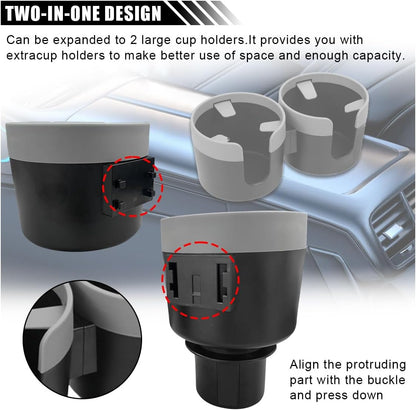 Car Double Cup Holder Extender, 2-in-1 Car Cup Holder Adapter with Adjustable Base, Universal Multifunctional Cup Holder Organizer for Beverage, Snack, Cup, Bottle Storage (Black)