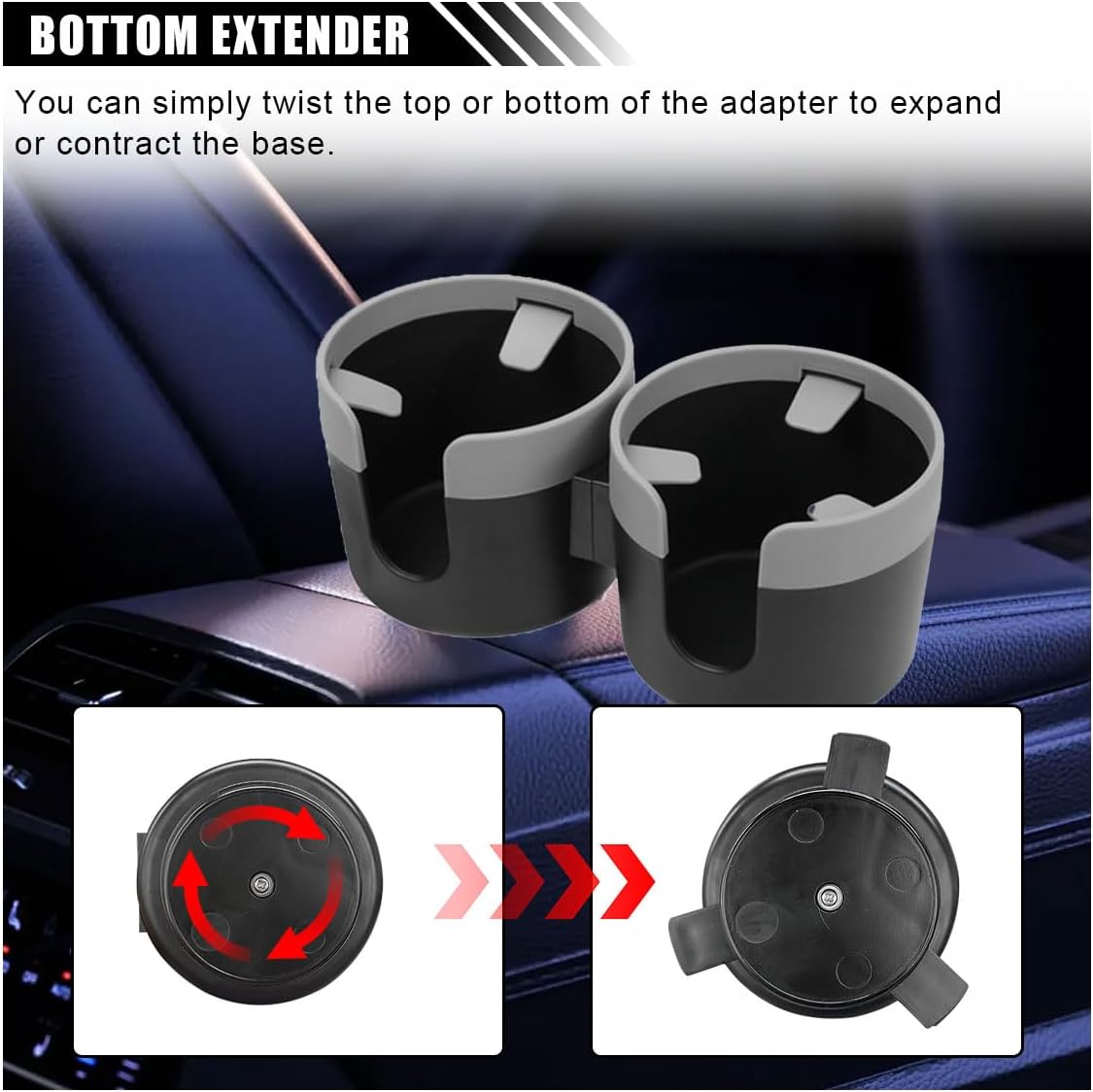 Car Double Cup Holder Extender, 2-in-1 Car Cup Holder Adapter with Adjustable Base, Universal Multifunctional Cup Holder Organizer for Beverage, Snack, Cup, Bottle Storage (Black)
