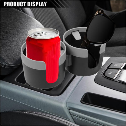 Car Double Cup Holder Extender, 2-in-1 Car Cup Holder Adapter with Adjustable Base, Universal Multifunctional Cup Holder Organizer for Beverage, Snack, Cup, Bottle Storage (Black)