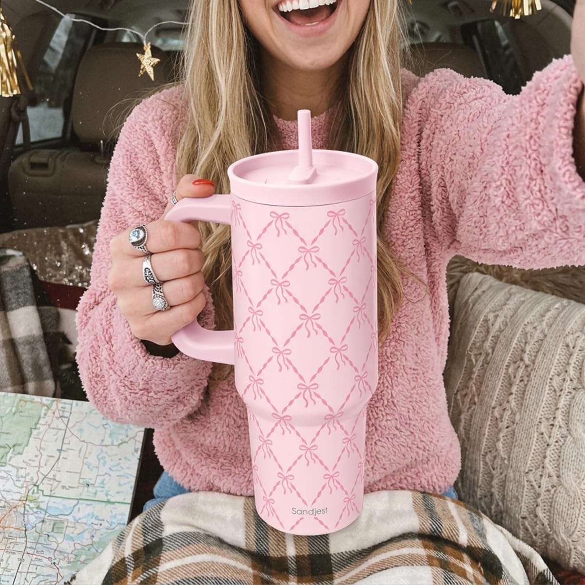 Pickleball Stainless Steel Locking Lid Silicone Straw Tumbler with Handle 40oz, Insulated Stainless Steel Travel Cup for Women Girls Friends Players, Gift Idea for Birthday Christmas - Colors A