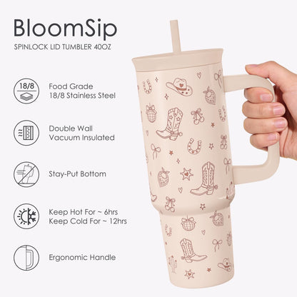 Pickleball Stainless Steel Locking Lid Silicone Straw Tumbler with Handle 40oz, Insulated Stainless Steel Travel Cup for Women Girls Friends Players, Gift Idea for Birthday Christmas - Colors A
