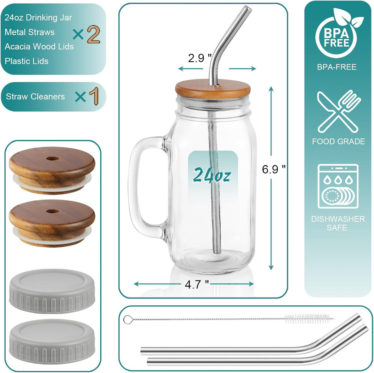 DRASTAR Iced Coffee Cup, 16 oz Mason Jar Cups with Handle, Small Glass Coffee Mugs with Straws and Acacia Lids, Drinking Glass Cups Set of 2, Smoothie, Overnight Oats Containers