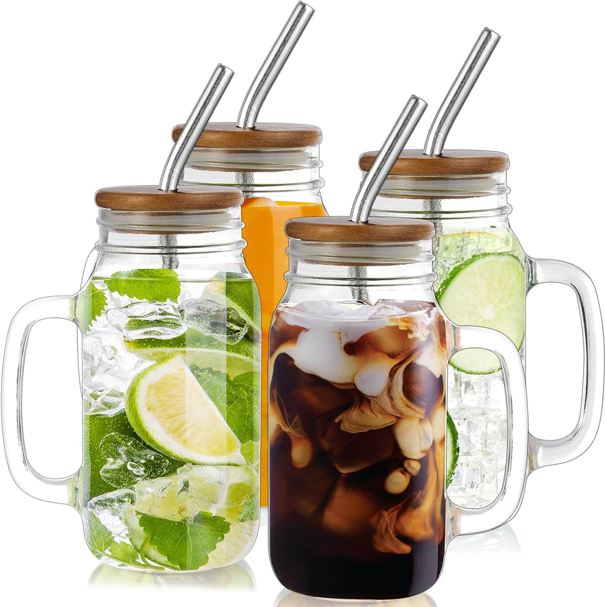 DRASTAR Iced Coffee Cup, 16 oz Mason Jar Cups with Handle, Small Glass Coffee Mugs with Straws and Acacia Lids, Drinking Glass Cups Set of 2, Smoothie, Overnight Oats Containers