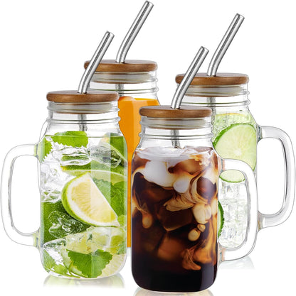 DRASTAR Iced Coffee Cup, 16 oz Mason Jar Cups with Handle, Small Glass Coffee Mugs with Straws and Acacia Lids, Drinking Glass Cups Set of 2, Smoothie, Overnight Oats Containers