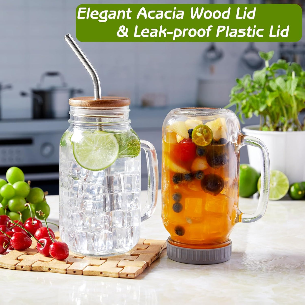 DRASTAR Iced Coffee Cup, 16 oz Mason Jar Cups with Handle, Small Glass Coffee Mugs with Straws and Acacia Lids, Drinking Glass Cups Set of 2, Smoothie, Overnight Oats Containers