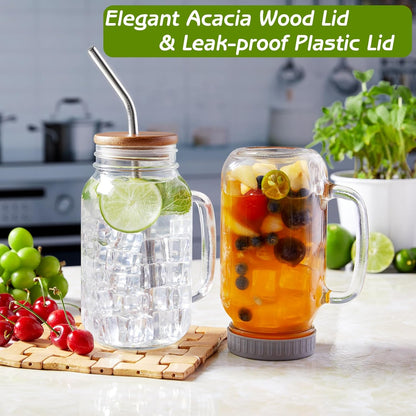DRASTAR Iced Coffee Cup, 16 oz Mason Jar Cups with Handle, Small Glass Coffee Mugs with Straws and Acacia Lids, Drinking Glass Cups Set of 2, Smoothie, Overnight Oats Containers