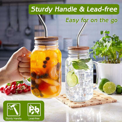 DRASTAR Iced Coffee Cup, 16 oz Mason Jar Cups with Handle, Small Glass Coffee Mugs with Straws and Acacia Lids, Drinking Glass Cups Set of 2, Smoothie, Overnight Oats Containers