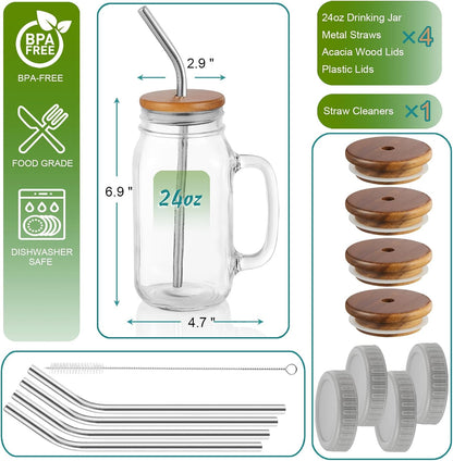 DRASTAR Iced Coffee Cup, 16 oz Mason Jar Cups with Handle, Small Glass Coffee Mugs with Straws and Acacia Lids, Drinking Glass Cups Set of 2, Smoothie, Overnight Oats Containers
