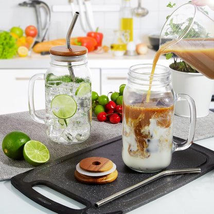 DRASTAR Iced Coffee Cup, 16 oz Mason Jar Cups with Handle, Small Glass Coffee Mugs with Straws and Acacia Lids, Drinking Glass Cups Set of 2, Smoothie, Overnight Oats Containers