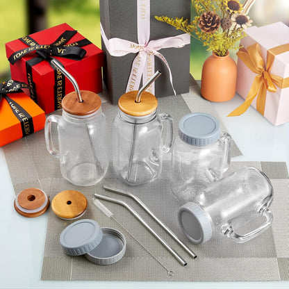 DRASTAR Iced Coffee Cup, 16 oz Mason Jar Cups with Handle, Small Glass Coffee Mugs with Straws and Acacia Lids, Drinking Glass Cups Set of 2, Smoothie, Overnight Oats Containers