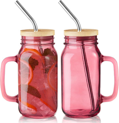 DRASTAR Iced Coffee Cup, 16 oz Mason Jar Cups with Handle, Small Glass Coffee Mugs with Straws and Acacia Lids, Drinking Glass Cups Set of 2, Smoothie, Overnight Oats Containers