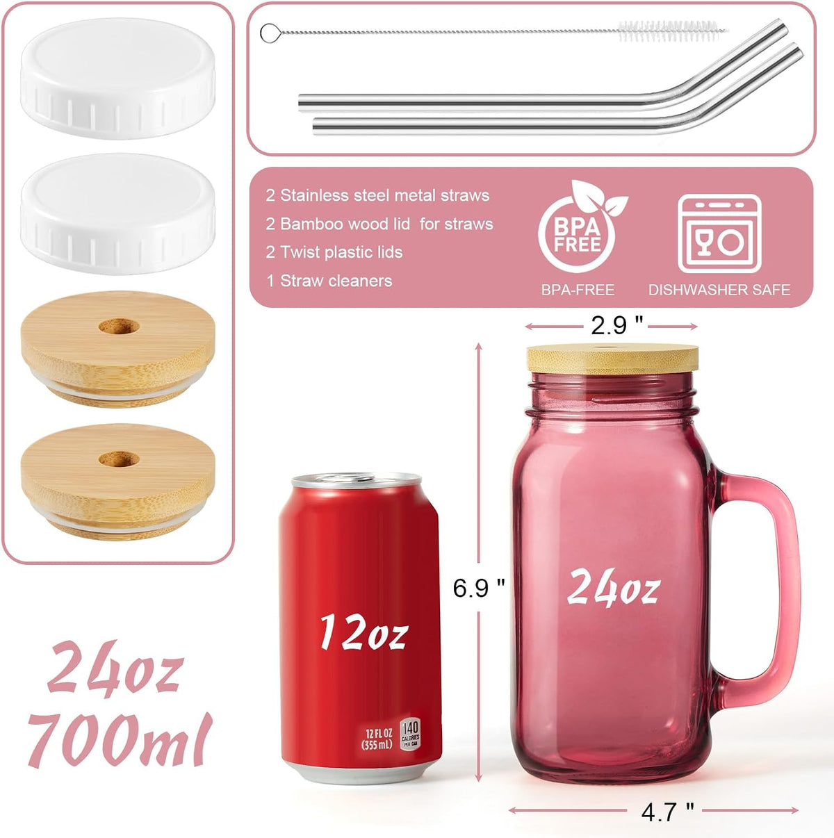 DRASTAR Iced Coffee Cup, 16 oz Mason Jar Cups with Handle, Small Glass Coffee Mugs with Straws and Acacia Lids, Drinking Glass Cups Set of 2, Smoothie, Overnight Oats Containers
