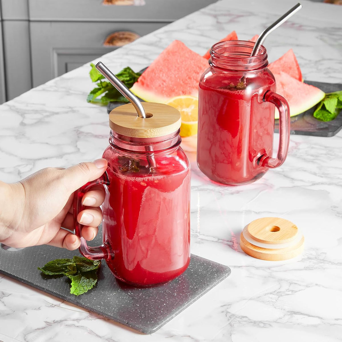 DRASTAR Iced Coffee Cup, 16 oz Mason Jar Cups with Handle, Small Glass Coffee Mugs with Straws and Acacia Lids, Drinking Glass Cups Set of 2, Smoothie, Overnight Oats Containers