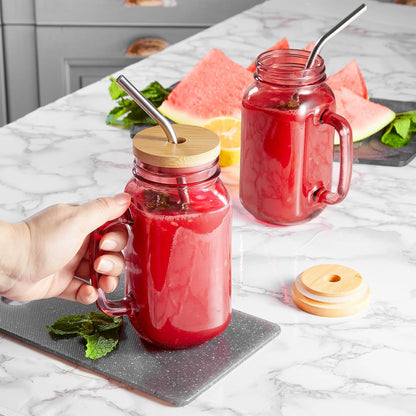 DRASTAR Iced Coffee Cup, 16 oz Mason Jar Cups with Handle, Small Glass Coffee Mugs with Straws and Acacia Lids, Drinking Glass Cups Set of 2, Smoothie, Overnight Oats Containers