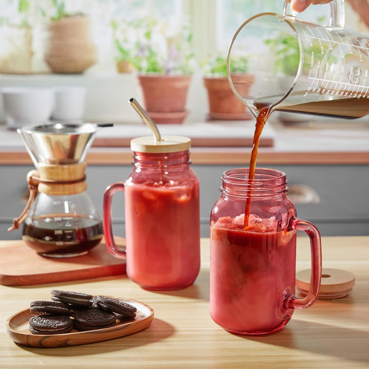 DRASTAR Iced Coffee Cup, 16 oz Mason Jar Cups with Handle, Small Glass Coffee Mugs with Straws and Acacia Lids, Drinking Glass Cups Set of 2, Smoothie, Overnight Oats Containers