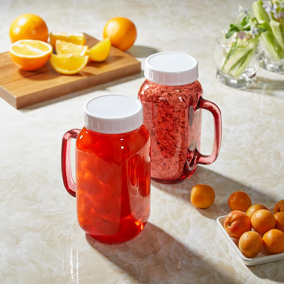 DRASTAR Iced Coffee Cup, 16 oz Mason Jar Cups with Handle, Small Glass Coffee Mugs with Straws and Acacia Lids, Drinking Glass Cups Set of 2, Smoothie, Overnight Oats Containers