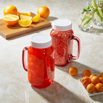 DRASTAR Iced Coffee Cup, 16 oz Mason Jar Cups with Handle, Small Glass Coffee Mugs with Straws and Acacia Lids, Drinking Glass Cups Set of 2, Smoothie, Overnight Oats Containers