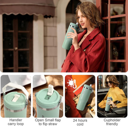 30 oz Tumbler with Flip Straw - Vacuum Insulated Stainless Steel Water Bottle for Home, Office or Car - Reusable Cup with Straw Leakproof Flip, Cold up to 24h, Mint