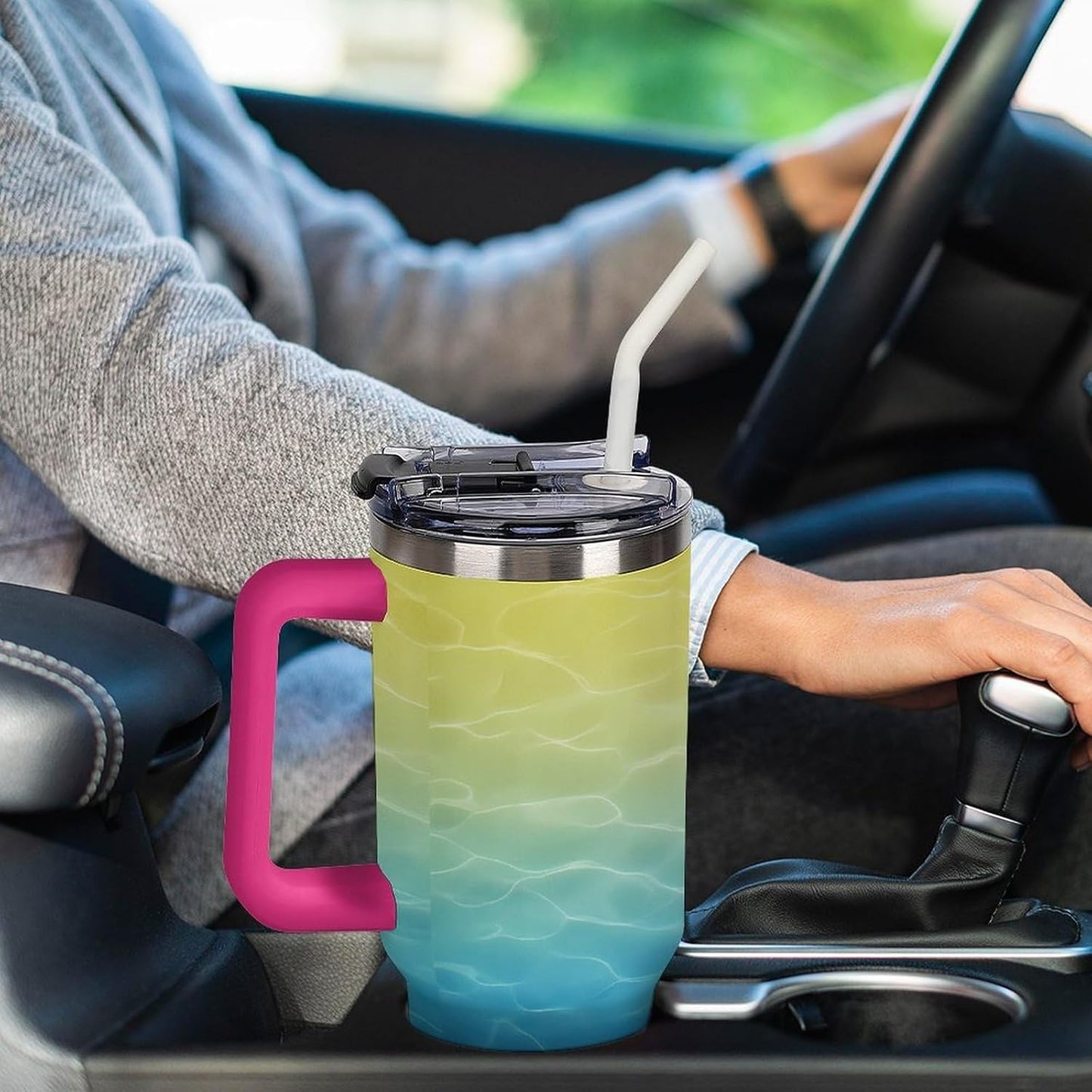 Leakproof Car Cup Vacuum Sealed With Lid For Office Crystal Clear Blue Water Ripple Print Drinkware Light Rose Red-style-5 - Colors H