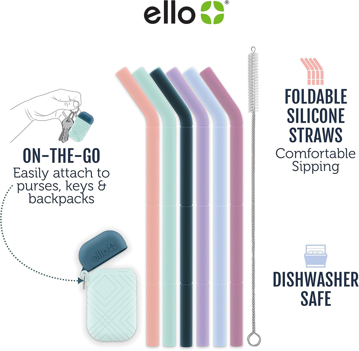 Impact Pack of Reusable Silicone Straws with Fold & Store Carry Case, Portable Drinking Straw for Party Travel Cruise Ship, Includes Straw Cleaning Brush, Dishwasher Safe, BPA-Free