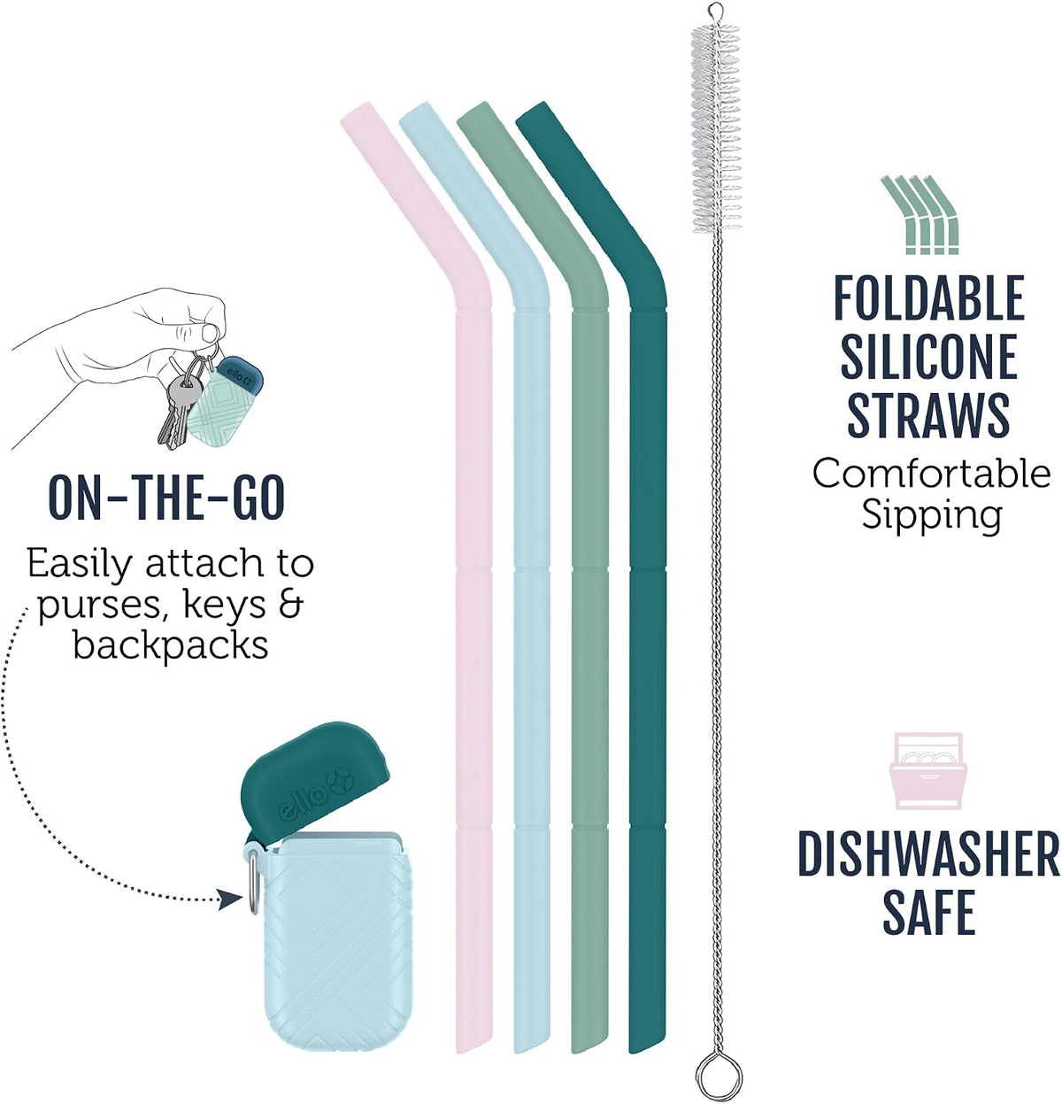 Impact Pack of Reusable Silicone Straws with Fold & Store Carry Case, Portable Drinking Straw for Party Travel Cruise Ship, Includes Straw Cleaning Brush, Dishwasher Safe, BPA-Free