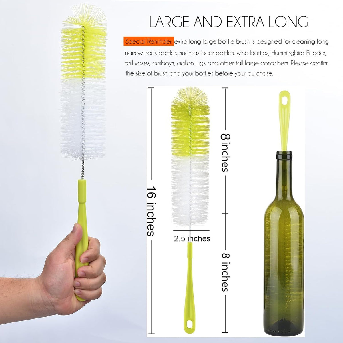 16 inch Long Bottle Brush Cleaner for Washing Wine/Beer/Sport Well/Thermos/Glass, Hummingbird Feeder and Long Narrow Neck Sport Bottles