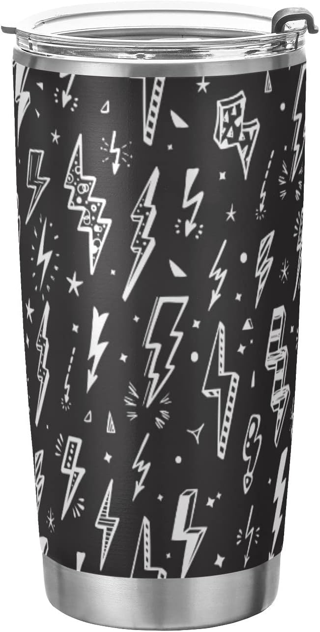 Tumbler Lightning Bolts Doodle Insulated Coffee Cup Beverage Container Travel Mug with Straw and Lid Double Wall Stainless Steel 20oz Holiday Gift