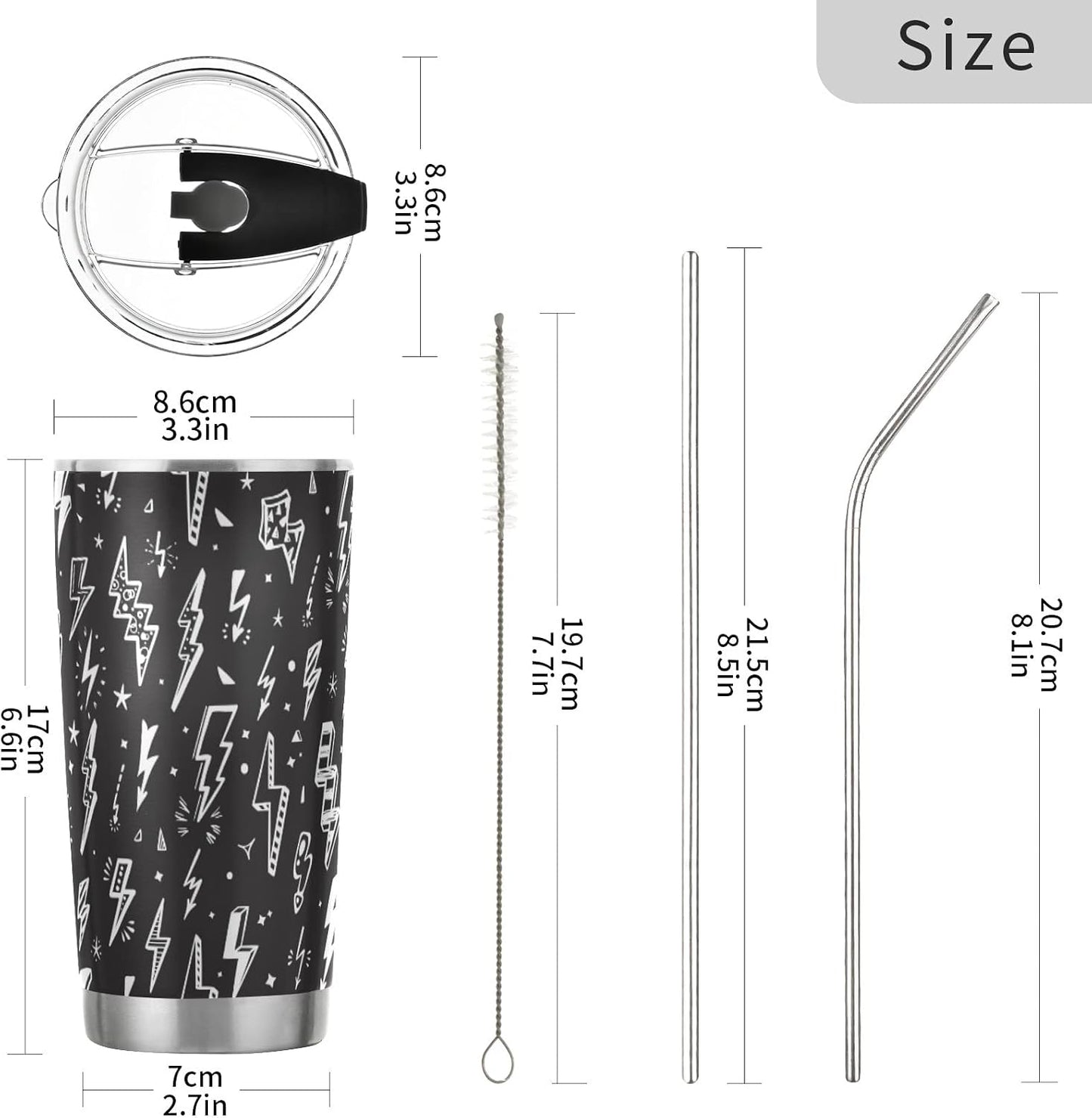 Tumbler Lightning Bolts Doodle Insulated Coffee Cup Beverage Container Travel Mug with Straw and Lid Double Wall Stainless Steel 20oz Holiday Gift