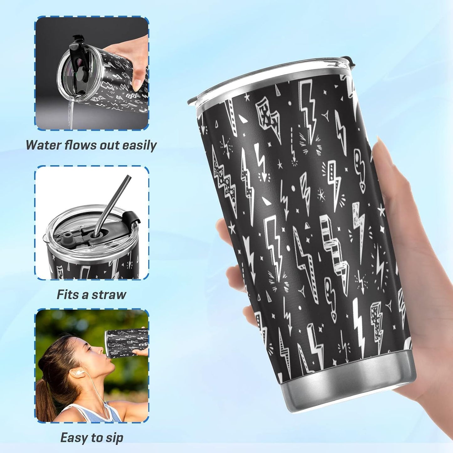 Tumbler Lightning Bolts Doodle Insulated Coffee Cup Beverage Container Travel Mug with Straw and Lid Double Wall Stainless Steel 20oz Holiday Gift