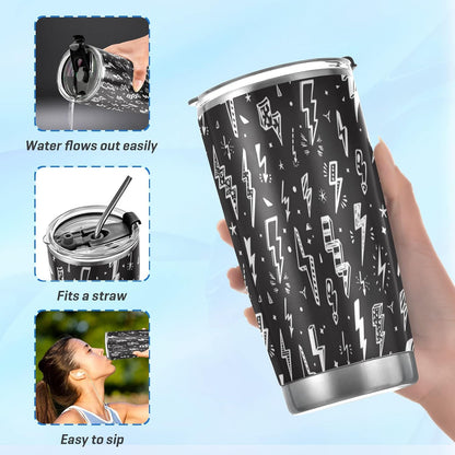 Tumbler Lightning Bolts Doodle Insulated Coffee Cup Beverage Container Travel Mug with Straw and Lid Double Wall Stainless Steel 20oz Holiday Gift