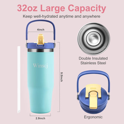 32 oz Tumbler with Handle and Flip Straw,Keep Cold or Hot,Fits in Cup Holder,Reusable Leak Proof Stainless Steel Vacuum Water Bottle,Suitable for Home Gym Trave, Easy to Carry (Cyan Blue) | Stainless Steel Vacuum Insulated, Keeps Cold or Hot, Fits in Cup