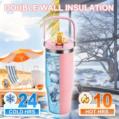 32 oz Tumbler with Handle and Flip Straw,Keep Cold or Hot,Fits in Cup Holder,Reusable Leak Proof Stainless Steel Vacuum Water Bottle,Suitable for Home Gym Trave, Easy to Carry (Cyan Blue) | Stainless Steel Vacuum Insulated, Keeps Cold or Hot, Fits in Cup