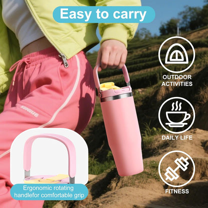 32 oz Tumbler with Handle and Flip Straw,Keep Cold or Hot,Fits in Cup Holder,Reusable Leak Proof Stainless Steel Vacuum Water Bottle,Suitable for Home Gym Trave, Easy to Carry (Cyan Blue) | Stainless Steel Vacuum Insulated, Keeps Cold or Hot, Fits in Cup