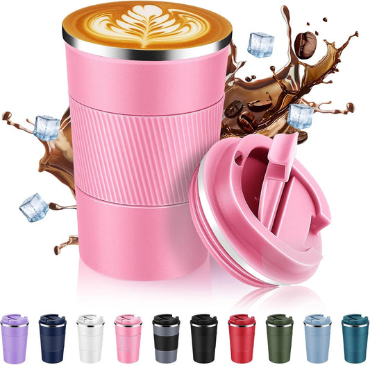 Volhoply 13 oz Stainless Steel Insulated Travel Coffee Cup with Fip Lid,Reusable Double Wall Vacuum Metal Coffee Mug,Portable to Go Leak Proof Cafe Mugs for Hot & Cold Drinks(Pink,1)